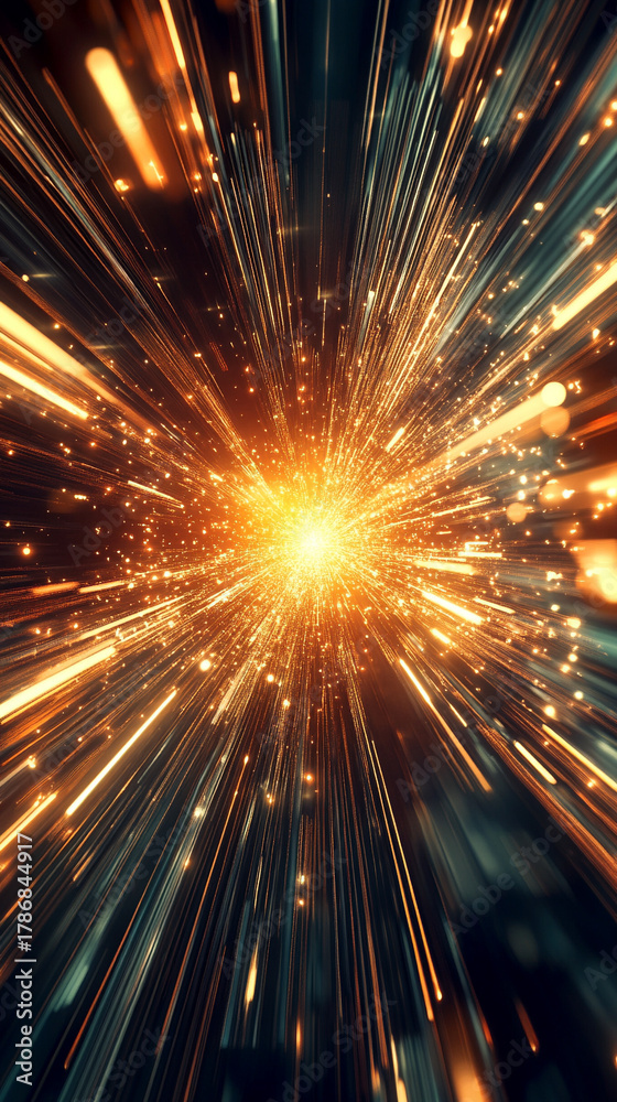 Fototapeta premium Dynamic hyperspace streaks converge with bright lens flare, creating a sense of speed, light travel, and futuristic motion.