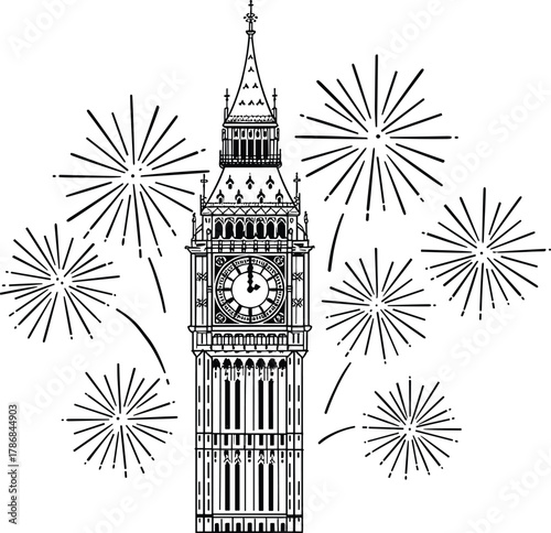 Big Ben London silhouette with fireworks, midnight celebration vector art, iconic Elizabeth Tower landmark, festive New Year’s Eve concept, cultural heritage illustration