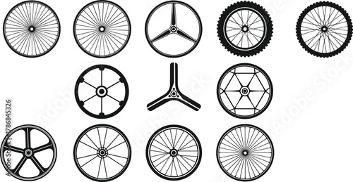 Bicycle wheel silhouettes, spoke pattern variations, mountain and road bike rim designs, vector illustration set, cycling artwork, transportation graphic design elements