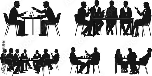 Business meeting silhouettes — people discussing, negotiating, and collaborating around tables, teamwork and communication in corporate office vector illustration