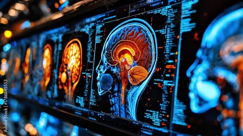 Digital Brain Scan Analysis on Glowing Screen: Advanced Medical Technology Neuroscience Research and Diagnostic Imaging