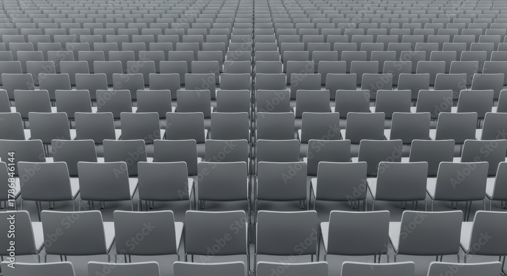 Fototapeta premium Endless rows of gray chairs in a symmetrical arrangement for large events
