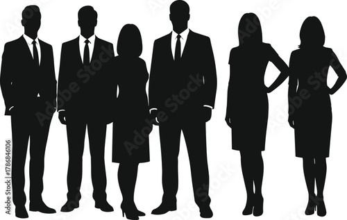 Business team silhouettes — group of professionals in formal suits, corporate teamwork concept, men and women businesspeople vector illustration