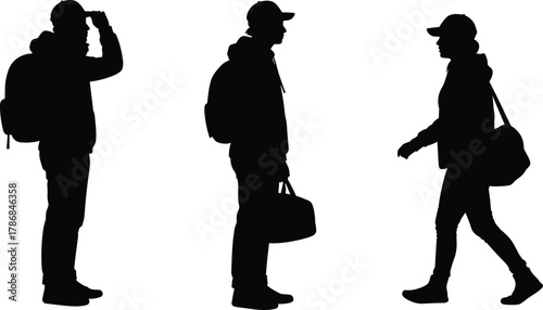 Casual travelers silhouettes, men in caps, backpacks and bags, standing, waiting, walking, urban commute, everyday lifestyle, black vector illustration, white background, minimal design