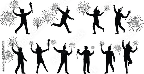 Celebration silhouettes, people with fireworks and sparklers, party hats, festive vector illustration set, holiday event artwork, graphic design elements, joyful icons collection