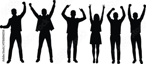 Celebrating silhouettes, diverse team unity, raised arms victory, triumphant gestures,