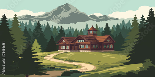 Cozy Red Wooden Mansion Nestled in Lush Pine Forest Valley with Snow-Capped Mountain Backdrop under Clear Summer Sky