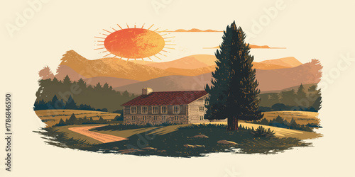 Sunset Farmhouse Solitude in Golden Valley,
Crimson Sun Over Pine-Framed Retreat.
