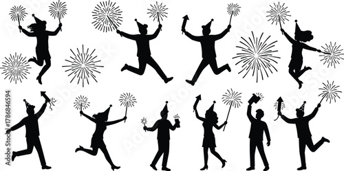 Celebration silhouettes, people with fireworks and sparklers, party hats, festive vector illustration set, holiday event artwork, graphic design elements, joyful icons collection