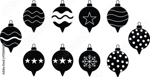 Christmas ornament silhouettes, decorative baubles with stars, snowflakes, polka dots, wavy line patterns, festive vector illustration set, holiday decoration artwork collection