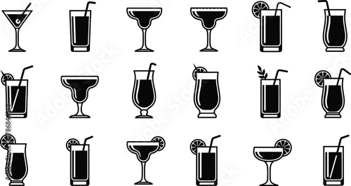 Cocktail and drink glass vector set, alcoholic beverages and mocktail silhouettes with lemon slice, straw and bar drink illustration icons