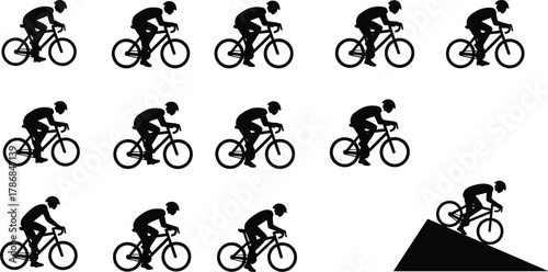 Cyclist silhouette sequence, bicycle rider motion progression icons, uphill climb illustration, dynamic cycling vector set, sport lifestyle artwork, transportation graphic design elements