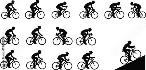 Cyclist silhouette sequence, bicycle rider motion icons, uphill climb illustration, dynamic cycling vector set, sport lifestyle artwork, transportation graphic design elements