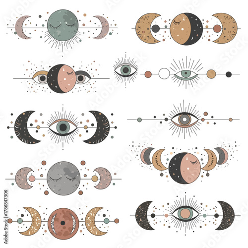 Mystical celestial eye and moon phase designs evoking cosmic wonder and spiritual journeys for modern bohemian aesthetics