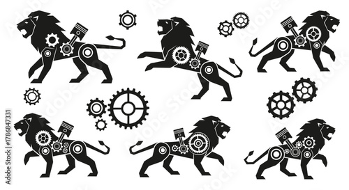 Powerful mechanical lions with intricate gears and pistons embody strength, innovation, and industrial might for dynamic branding and designs.