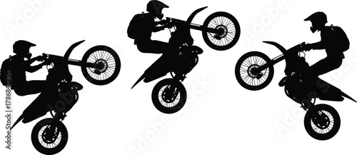 Dirt bike rider silhouettes performing wheelie stunt, motocross sport vector illustration set, extreme biking artwork, motorcycle lifestyle design, adventure graphic elements