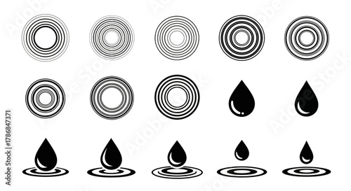 Dynamic ripple and water drop icons symbolizing impact, flow, and essential elements for modern design projects and concepts