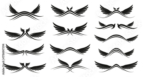 Elegant black wing emblems and abstract decorative flourishes create a sense of freedom, power, and aspiration for diverse design projects.