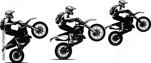 Dirt bike wheelie silhouettes, motocross rider stunt sequence, helmet safety gear, extreme sport vector illustration set, biker lifestyle artwork, motorcycle graphic design elements