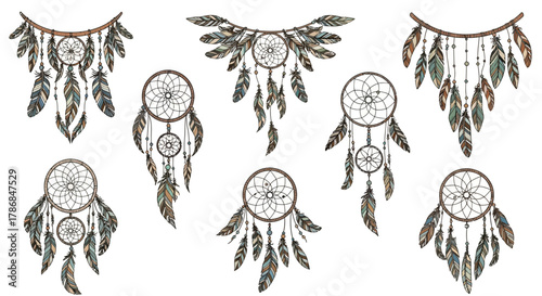 Captivating dreamcatchers adorned with natural feathers and beads evoke bohemian spirit and tranquil energy for spiritual decor and artistic projects