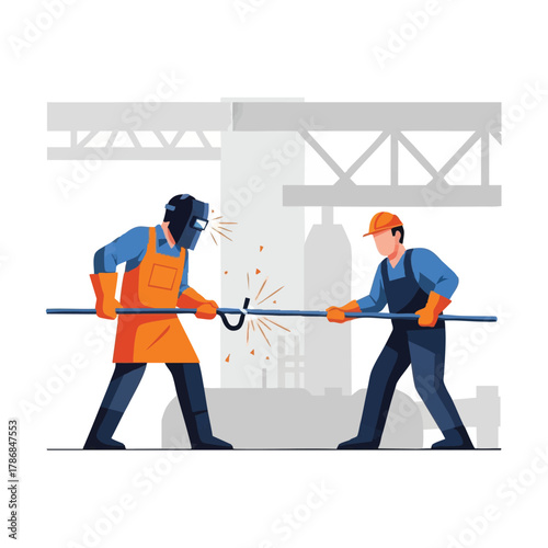 Two skilled workers are depicted in an illustrative style, welding a metal rod with sparks flying in a factory setting, showcasing industrial teamwork.
