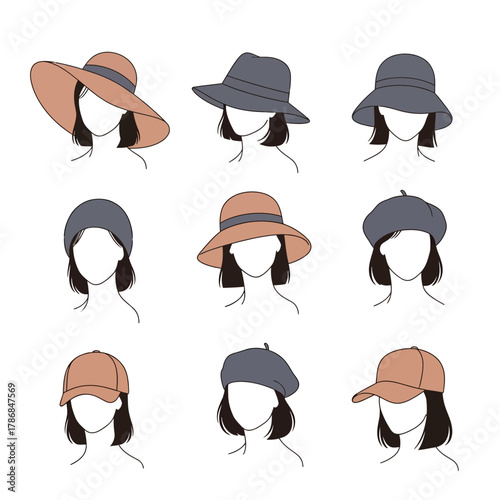 Stylish women showcasing diverse hat styles for fashion, travel, and everyday elegance, perfect for modern lifestyle branding and design.
