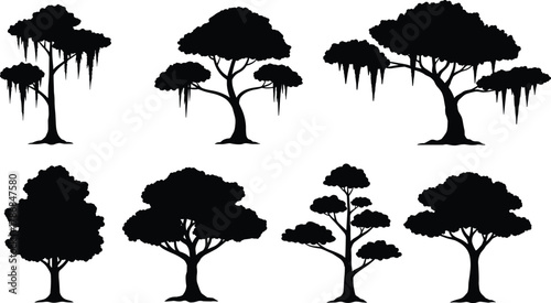 Eight tree silhouette variations, diverse canopy structures and trunk forms, artistic vector illustration for landscape design, botanical study, natural environment concept, greenery art