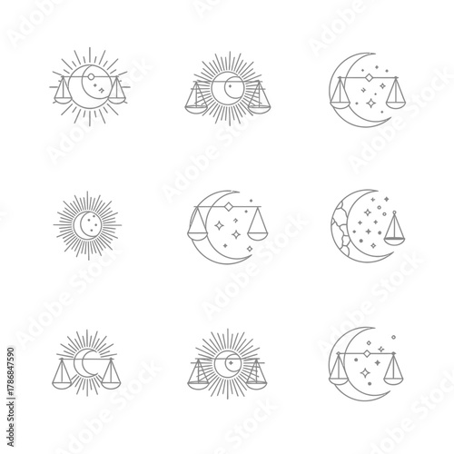 Celestial balance scales icons representing justice harmony and cosmic equilibrium in minimalist line art style