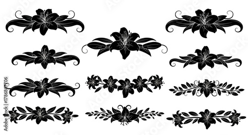 Elegant black lily floral ornaments and dividers bring sophisticated beauty to designs, perfect for invitations, branding, and decorative accents.
