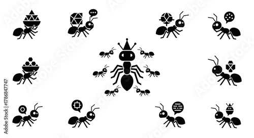 Dynamic ant colony illustration showcasing teamwork collaboration and leadership with a queen ant central focus and workers carrying various items and ideas