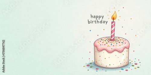 A Delightful Birthday Cake with a Single Lit Candle and Colorful Sprinkles on a Light Background