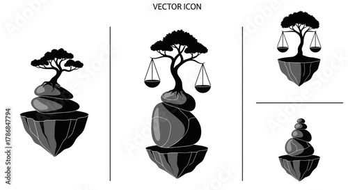 Serene floating islands showcase balanced nature with iconic trees and stacked stones symbolizing harmony and growth