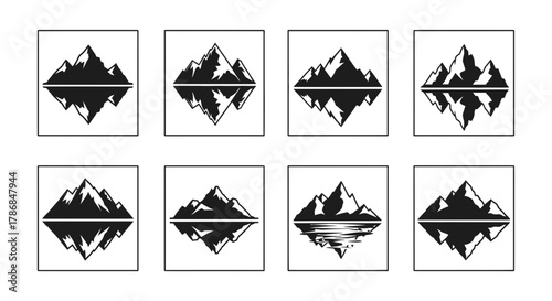 Stunning collection of minimalist mountain silhouettes reflected in water, perfect for adventure branding and outdoor themes