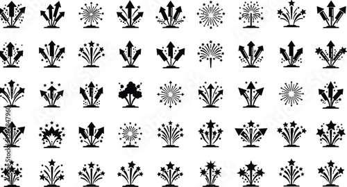 Fireworks silhouette icons, festive celebration bursts vector illustration set, holiday event artwork, New Year festival design, decorative graphic elements collection