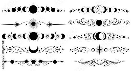 Mystical celestial dividers featuring moon phases stars and sunbursts for elegant cosmic designs