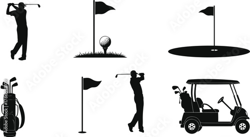 Golf silhouettes vector set, golfer swing illustration, golf cart and clubs icons, sports equipment collection, driving range and putting green design