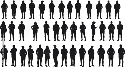 Group of people silhouettes standing together — diverse crowd, casual men and women, teamwork, business community, public gathering vector illustration