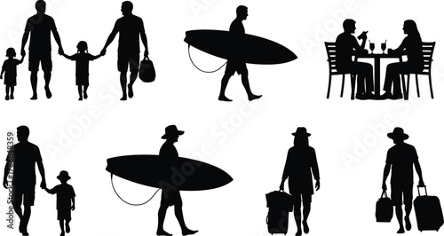 Family vacation silhouettes, beach travel people vector, summer holiday activities, surfboard, couple dining, father with kids, walking travelers illustration, leisure lifestyle design