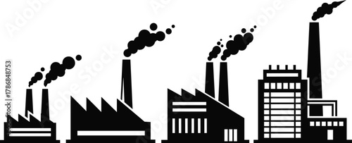 Industrial factory silhouettes, manufacturing plant buildings with smoke, power industry