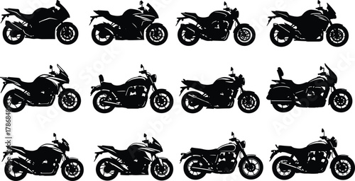 Motorcycle silhouette collection, diverse bike designs, sportbike, cruiser, retro classic, vector illustration set, transportation icons, biker lifestyle artwork, automotive graphic elements
