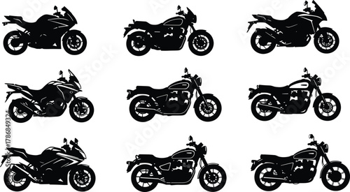Motorcycle silhouette icons, sportbike, cruiser, retro classic, vector illustration set, black design collection, transportation symbols, motorbike graphic elements, biker lifestyle artwork