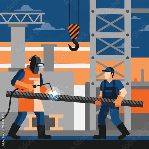 A vector illustration depicts two construction workers, one welding a metal bar with sparks flying, set against a backdrop of industrial structures and cranes.