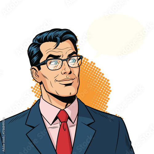 Handsome businessman with dark hair and glasses smiling confidently in a classic pop art comic style.