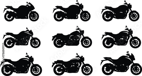 Motorcycle silhouettes, diverse bike designs with unique body styles, handlebar and wheel variations, vector illustration set, biker lifestyle artwork, transportation graphic elements