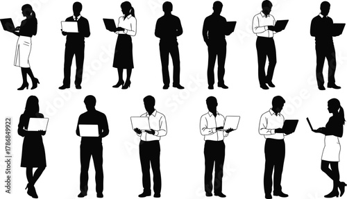 Office laptop silhouettes, twelve business professionals using laptops, varied poses typing and holding devices, remote work, digital communication, corporate technology, modern workplace icons
