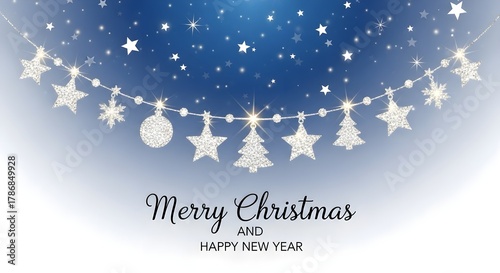 Sparkling Christmas garland with glitter stars, trees, and baubles on a festive blue background.