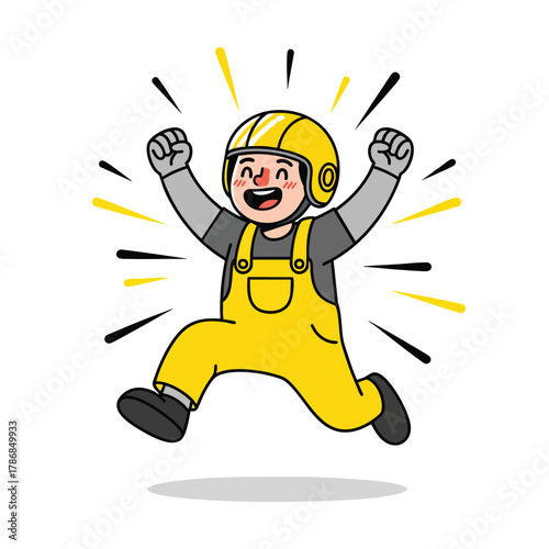 Joyful cartoon worker in yellow helmet and overalls jumping excitedly.