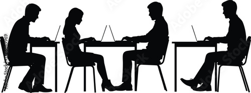 Office team silhouettes working on laptops at desk — business meeting, teamwork, coworking space, productivity, collaboration vector illustration