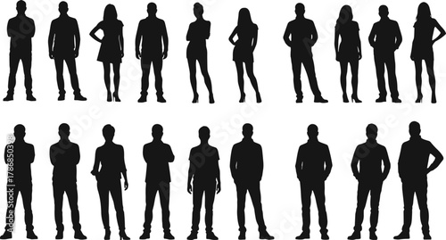 People silhouettes standing poses, casual men and women figures, modern lifestyle concept, human outline vector illustration, group diversity, black isolated design