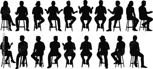 People sitting and talking silhouettes on stools vector illustration, group discussion, interview, meeting, teamwork and communication concept for business and education design
